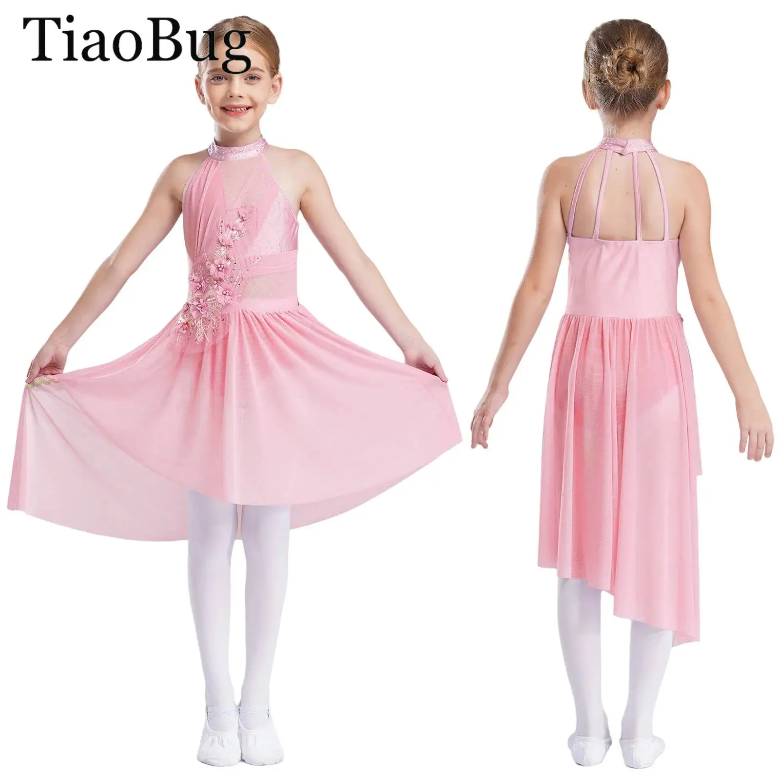 

Kids Girls Rhinestones Gymnastics Leotard Tutu Dress Ballet Lyrical Dance Dress Sleeveless Figure Skating Contemporary Dancewear