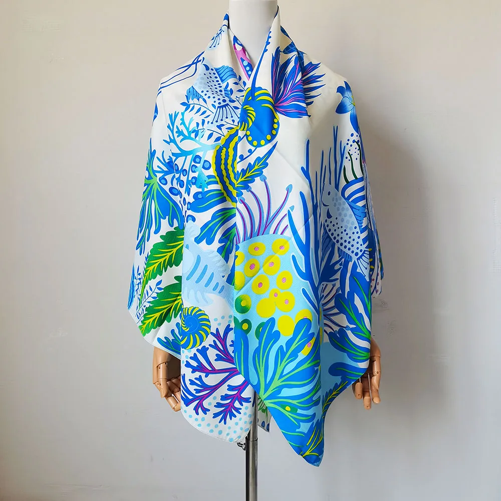 New Arrived Oversized Scarf “Underwater World”Women Silk Shawl 51in Large Wrap Stoles Lady Bandanas Hijab Femme Present