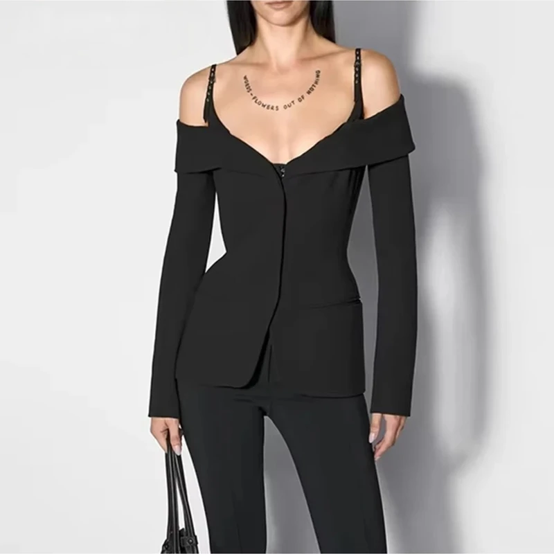 

Solid Chic Designer Jackets For Women Slash Neck Long Sleeve Tunic Temperament Elegant Jackets Female Fashion Style