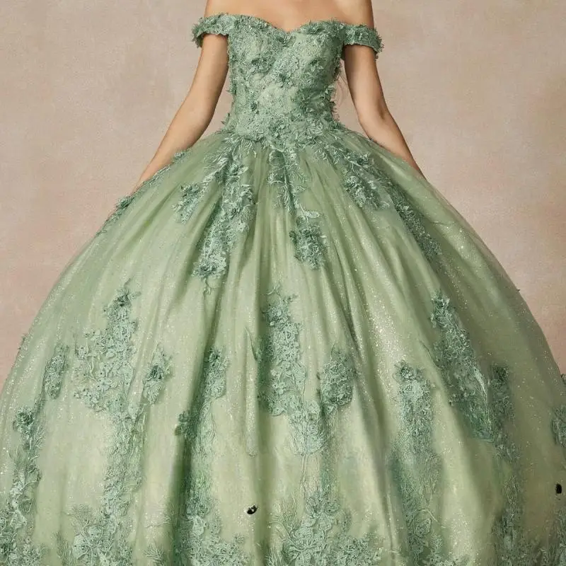 Robes de Quinceanera personnalisées, boule de princesse verte sauge, longue épaule, flash nu, décalque de fleurs luxueuses, mode, quelles que soient les robes Quinceanera