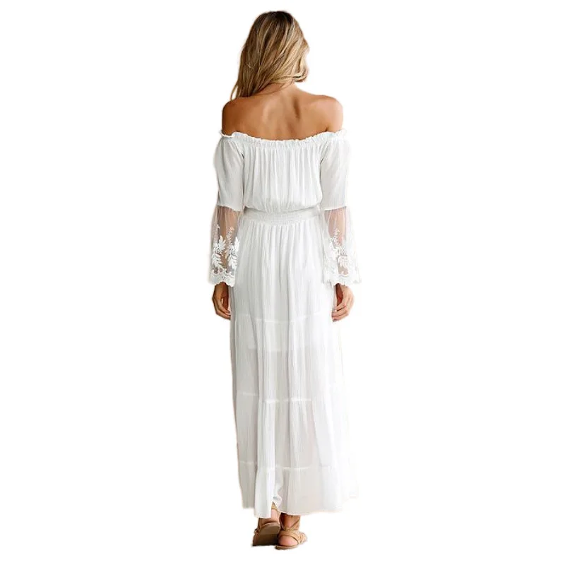 Boho robe blanc Sexy hors de l'épaule plage robe d'été Flare à manches longues épissure dentelle femmes robes d'été robes
