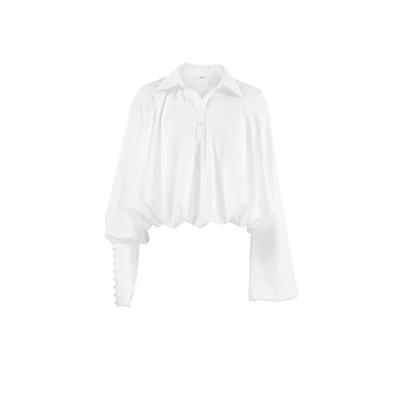 

Elegant Loose White Shirts Blouses Women Fashion Asymmetry Long Sleeve Sexy Crop Tops Autumn Party Pleated Shirts Female