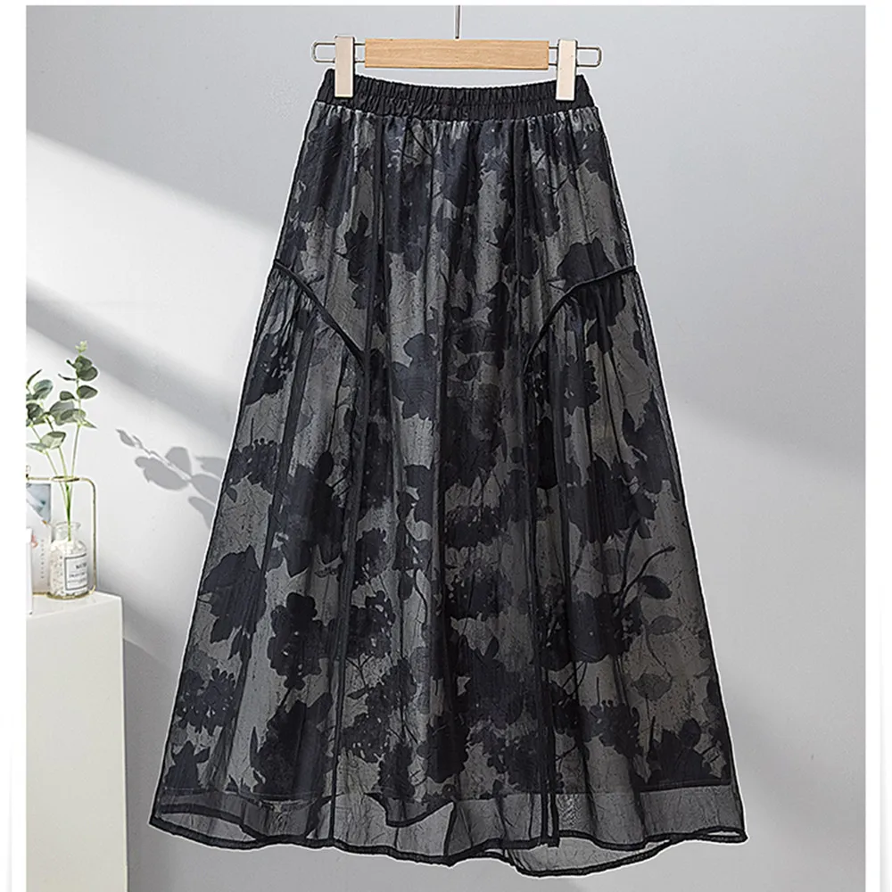 Midi Skirt For Women Summer Mesh Vintage Floral Skirt Fashion Tulle Skirts Gentle Beach Skirt High Waist Woman Skirts