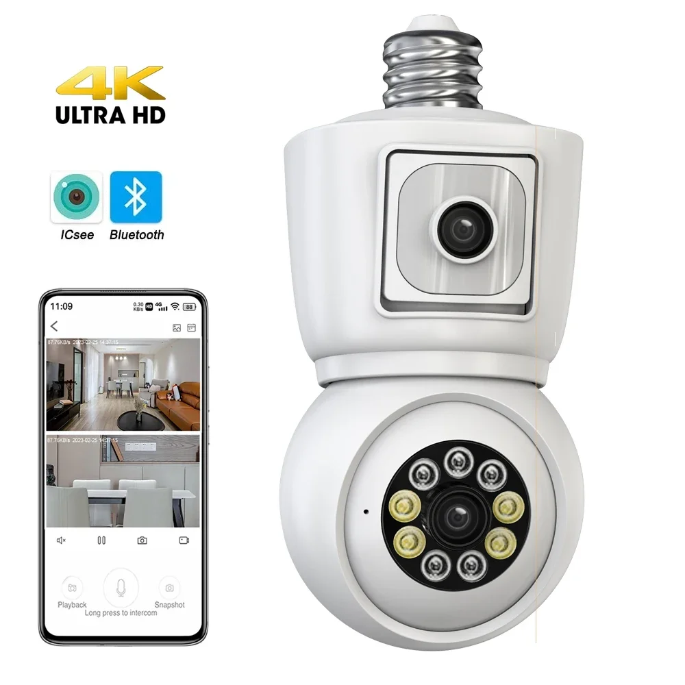 ICSEE 4K 8MP E27 Bulb WiFi Camera Dual Lens Auto Tracking Two Way Audio Color Night Vision Bluetooth Pairing Surveillance Camera