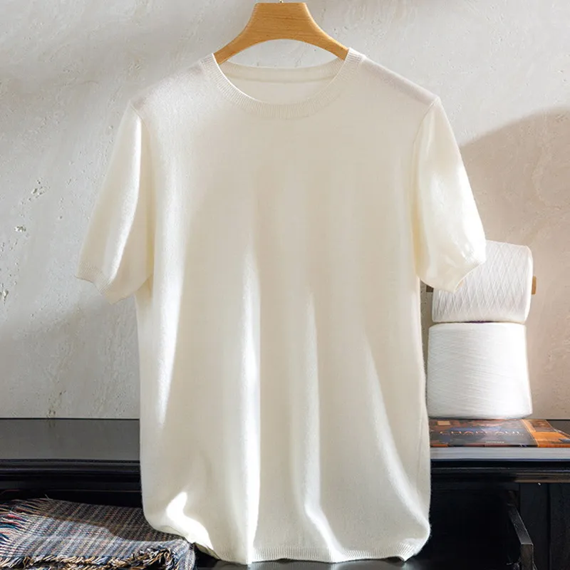 Oversized Soft Cashmere Blend Knitted O-neck T-shirt Men's Clothing Short Sleeve Tee Solid Color Trend Leisure Thin Style Unders