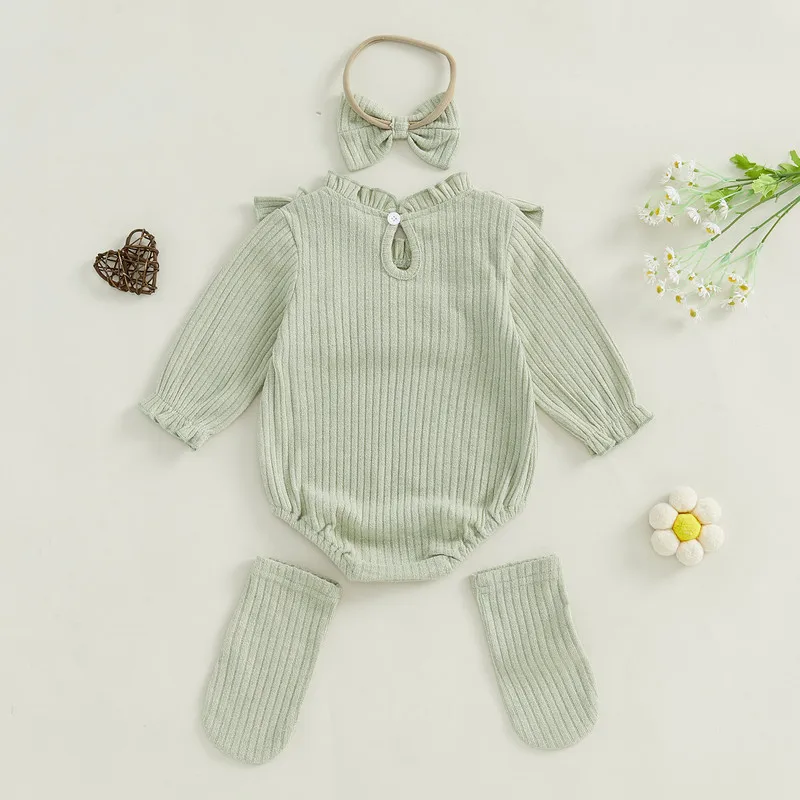 RUEWEY jumpsuit bayi perempuan, baju terusan lengan panjang 0 hingga 18 bulan, baju Musim Semi dan Gugur berkerut leher bulat