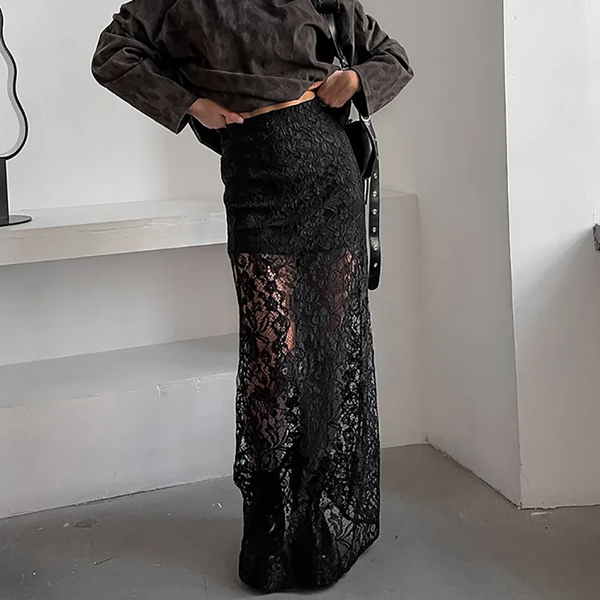 Sexy Hollow Lace Halter Women's Elegant A-Line Long Skirt Little Black Dress Design Womenswear