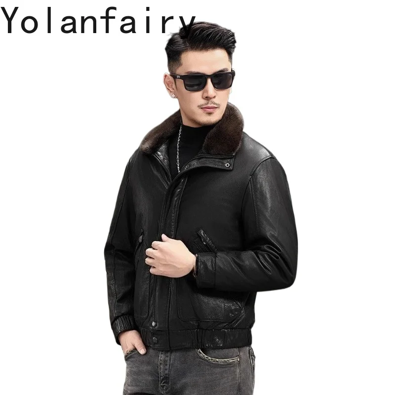 YOLANFAIRY Real Cow Leather Coat for Man Detachable Lining Mink Fur Collar Men Short Coats Stand Collar Simple Jackets Casacos