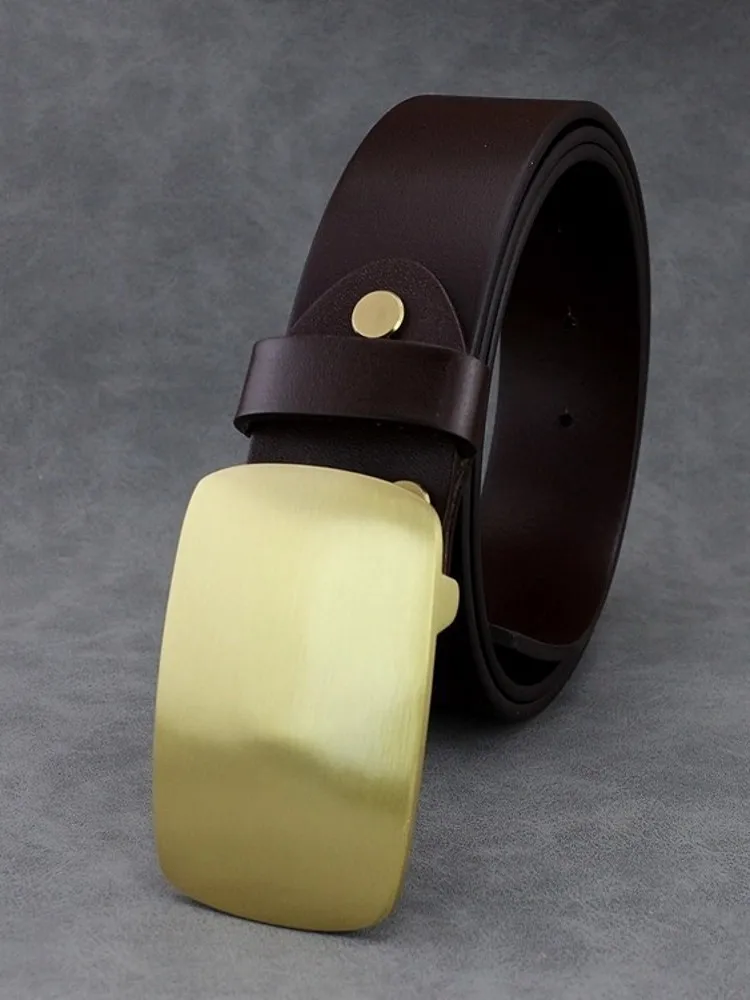 Fashion Mens Solid Brass Buckle Cowhide Genuine Leather Belt Width 3.8cm Strap For Pants Casual Waistband Real Leather Belts