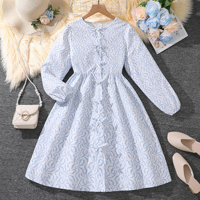 

2024 Winter New Girls Long Sleeve O Neck Striped Blue Cute Fashion Designer Girls Princess Dress Vestido 8-12T