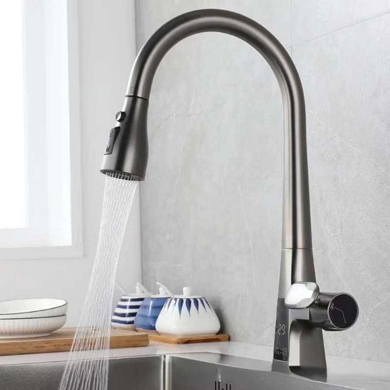 Kitchen Faucet Gun Gray Digital Display Pull-out Sink Dish Basin Mixer Tap Cold And Hot Free Rotating Multi-mode Water