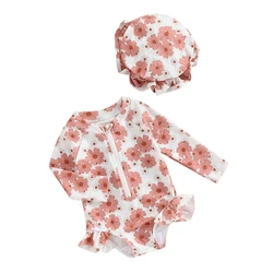 Baby Girls Swimsuit Long Sleeve Flower Print Zipped Bikini with Hat Newborn Swimwear for Summer Bathing