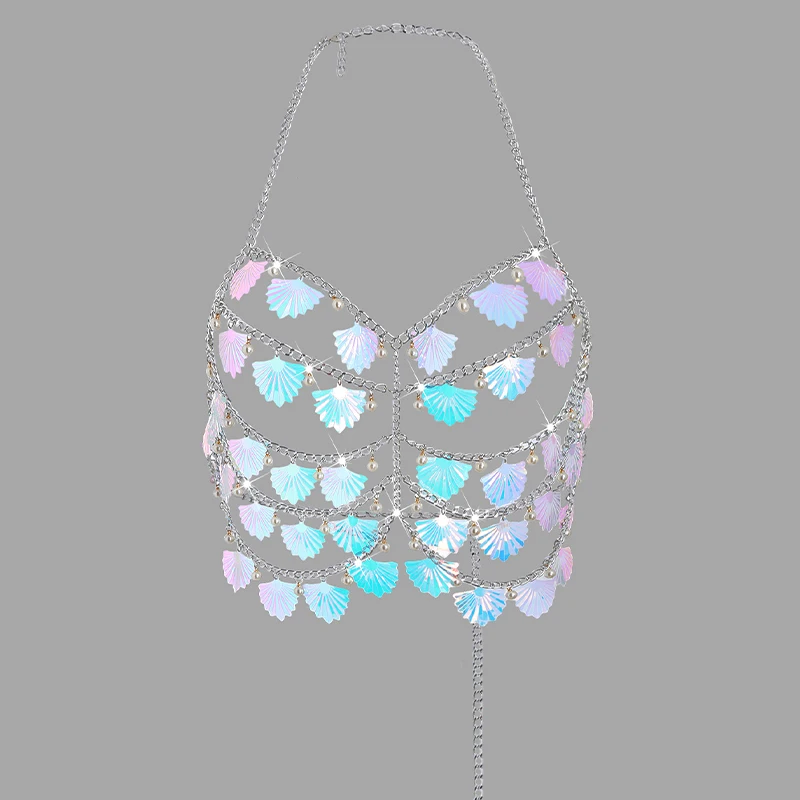 Female Festival Outfit Pearl Bead Corset Bra Top Fashion Jewelry Shell Body Chain Harness Body Chain