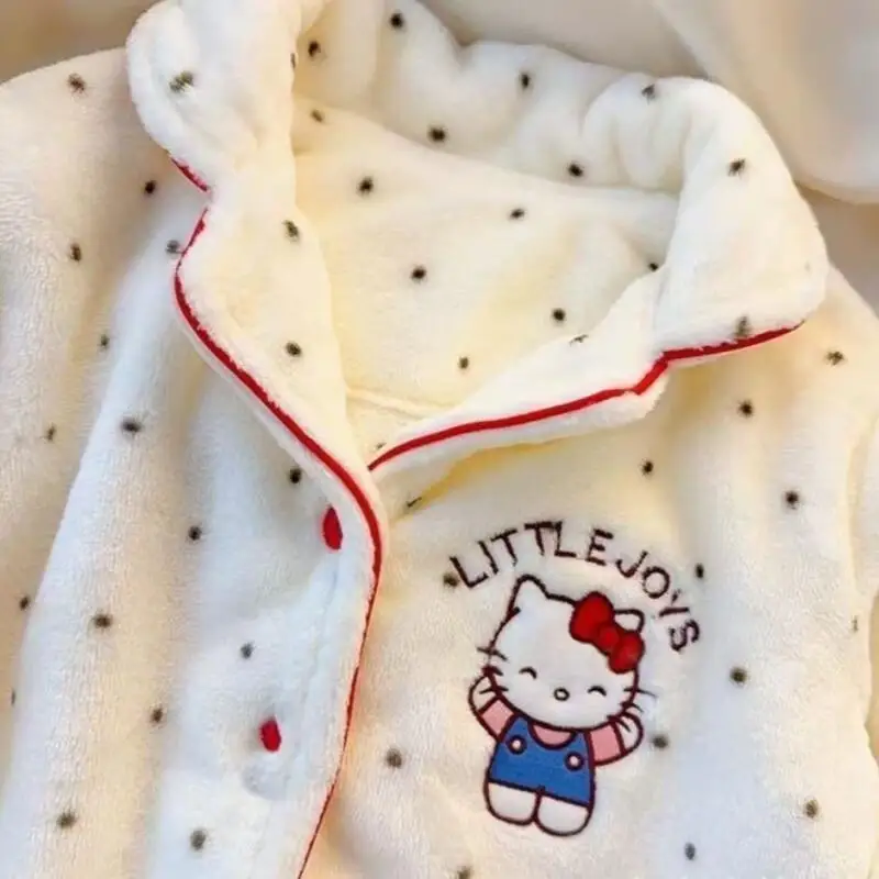 

Sanrio Hello Kitty Women's Flannel Pajamas Set Long Sleeve Pants Polka Dot Cartoon Cute Sweet Girls Home Autumn Winter Sleepwear