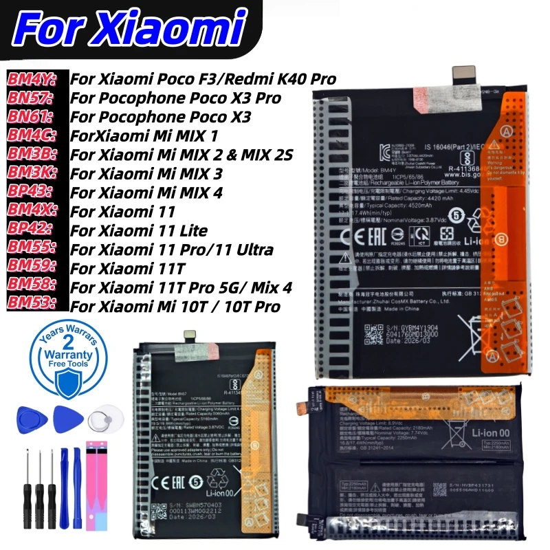 100%New Lithium Battery For Xiaomi Mi Mix 1 2 2S 3 4 Mi 11 Mi11 Lite Ultra Poco X3 F3 Redmi K40 10T 11T Pro Batteries