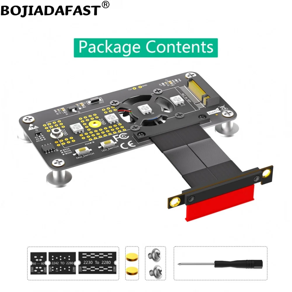 PCI-E 3.0 4X para NGFF M.2 Chave-M 2230 2242 2260 2280 NVME SSD Converter Adapter Card, Ventilador de refrigeração, Cabo de dados de alta velocidade, 50mm 5cm