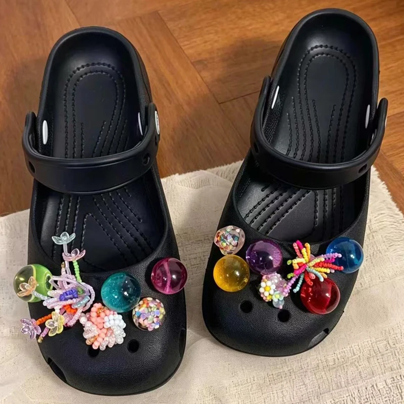 Colorful Bead Shoe Charms DIY Detachable Decorative Shoe Buckles Set Cute Flower-Printed Hole-Patterned Sandals Accessories 1Set