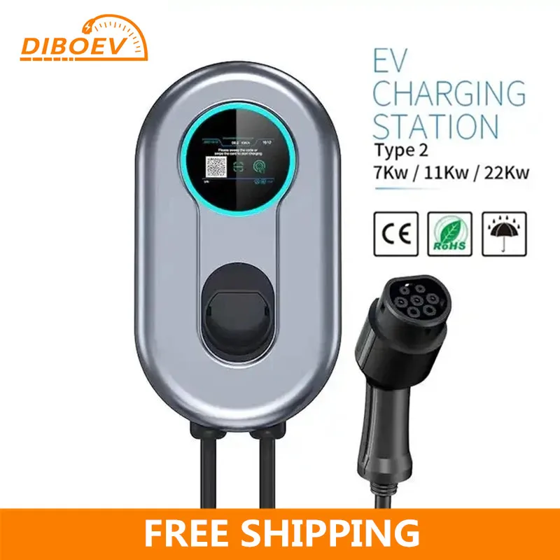 32A EV Charging Station 22KW 3 Phase EVSE Wallbox IEC62196 Type2 Electric Vehicle Car Charger with RFID Card APP EV Home Charger