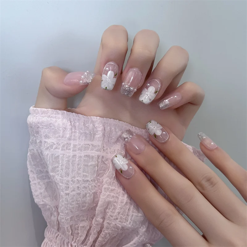 Handmade Watercolor Floral Wearable Nails Medium-Length Gold-Plated Detachable Nail Stickers for Women Fashionable Elegant
