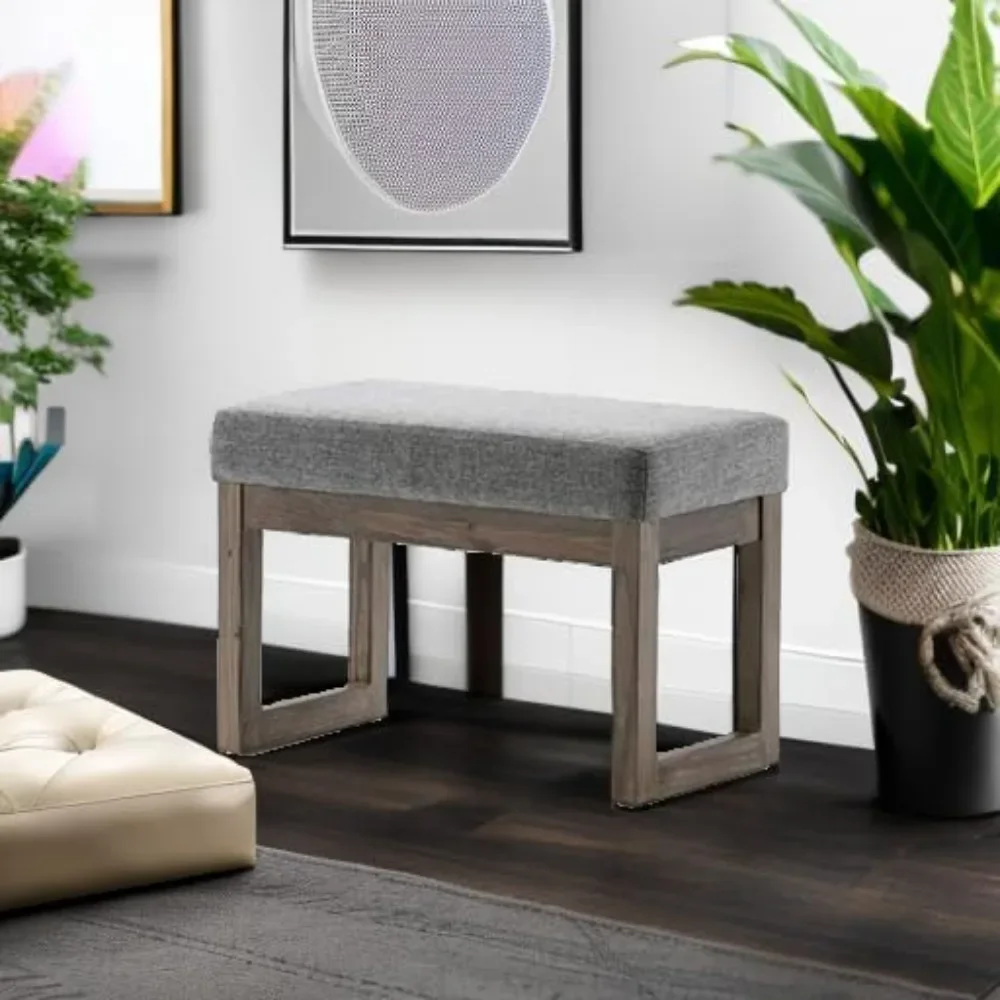 27 Inch Wide Contemporary Rectangle Footstool Bench in Grey Linen Look Fabric, Assembled, for The Living Room and Bedroom