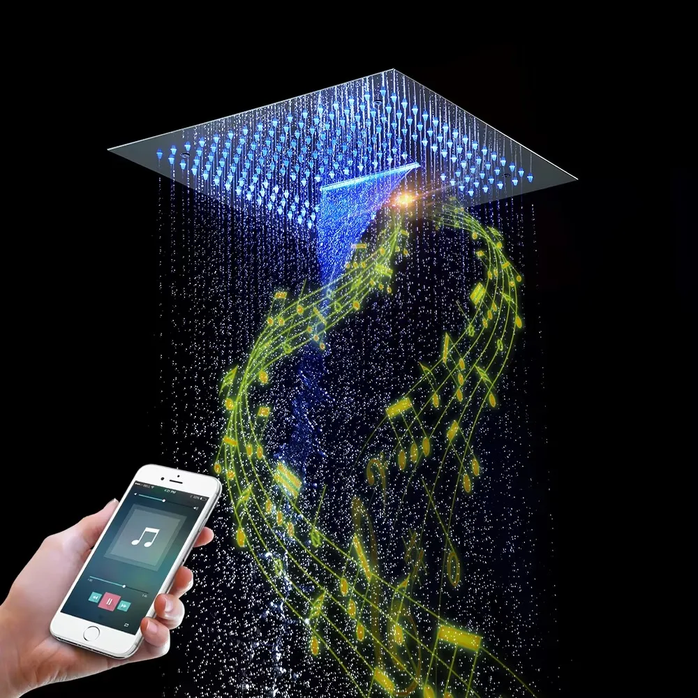 Thermostatic Matte Black Brass Shower Faucet Slide Bar 16-Inch LED Rainfall/Waterfall Shower Head Sound System for Hotel Use