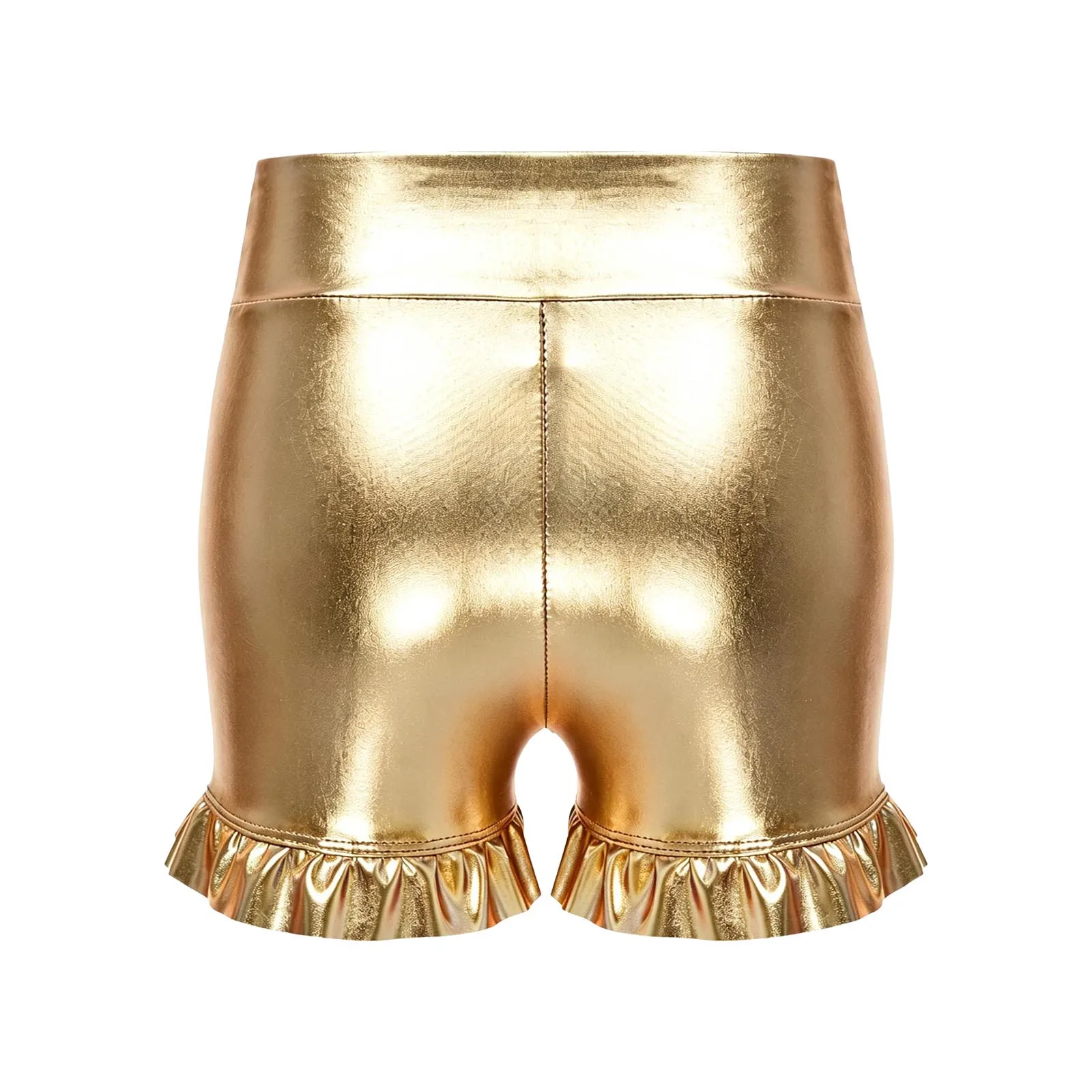Children Girls Shiny Metallic Dance Shorts Bottoms V-front Waistband Ruffles Sports Gymnastics Workout School Show Performance