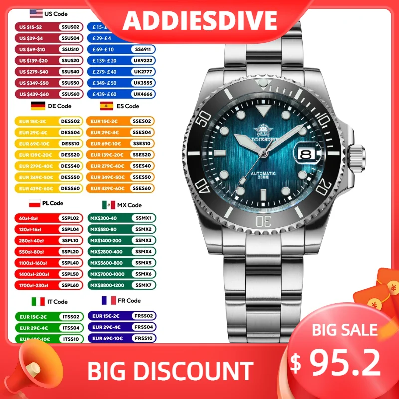 

ADDIESDIVE NH35 Men Automatic Mechanical Wristwatch Stainless Steel 200M Waterproof Sapphire Super Luminous AD2078 Diver Watches