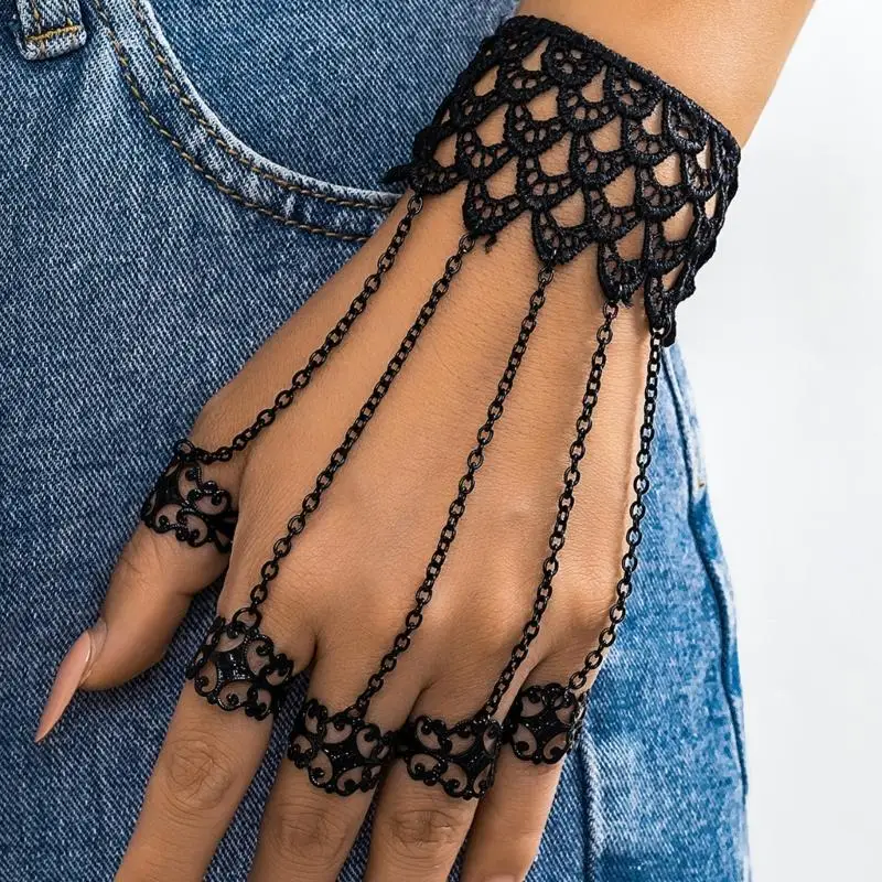 652F チェーン指輪ブレスレットパンクチェーンタッセルブレスレットスレーブ指輪付きゴシックハンドハーネスボヘミアンリストチェーン
