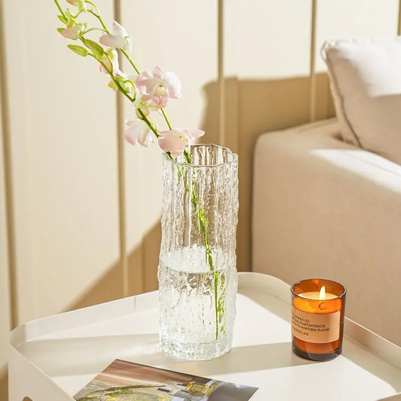 Nordic Style Glacier Vase Glass Transparent Hydroponic Lily Vase Simple Home Living Room Dining Table Decoration Bottle