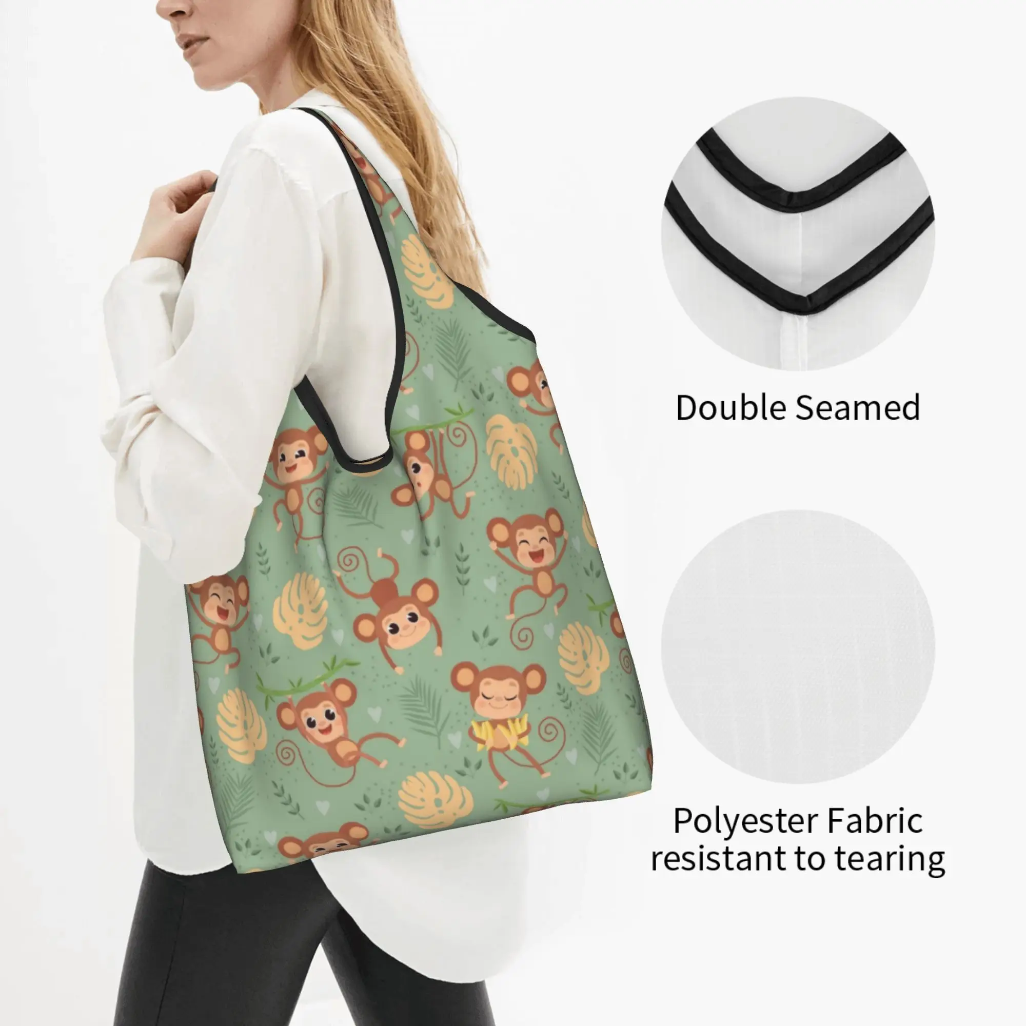Funny  Colourful Monkey Printed  Grocery Shopping Bag Custom Shopper Tote Shoulder Bags Lovely Seamless Banana Pattern  Handbag