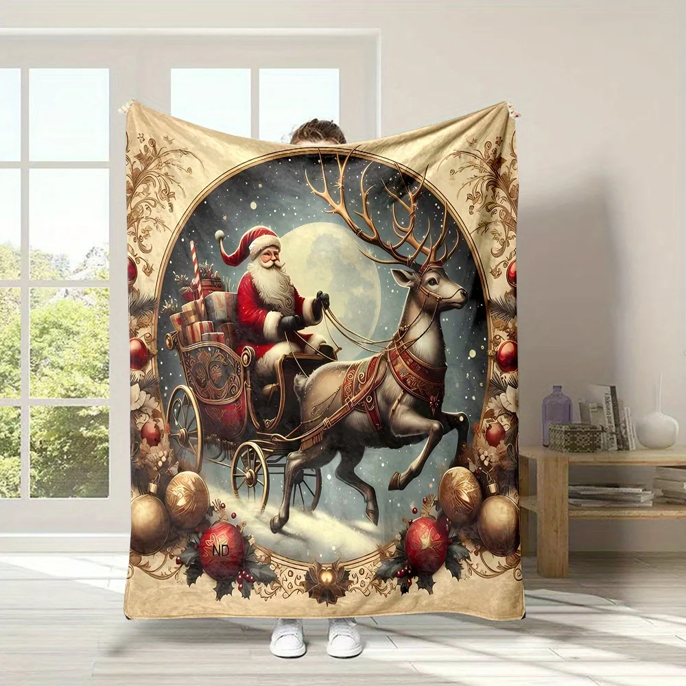 Christmas Eve Santa Claus on a Reindeer Sleigh Delivering Gifts Pattern Print, Four-season Three-dimensional Universal Small Nap