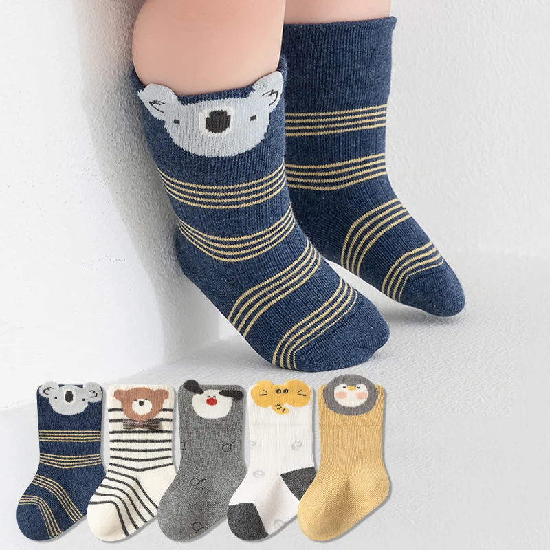 5 Pairs Cute 3D Cartoon Baby Cotton Socks Soft Elastic Kids Socks Comfort Mid Tube Socks for Infant Toddler Boys Girls