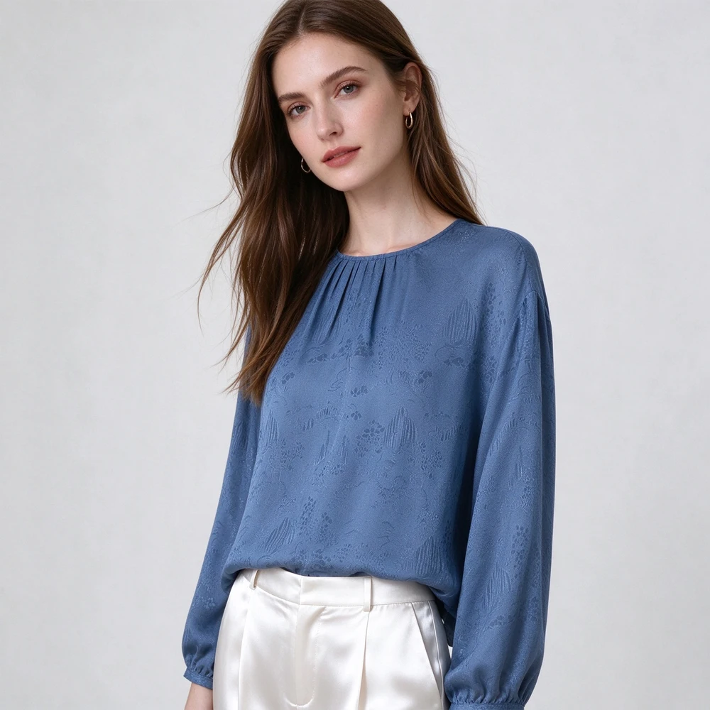 2026 Women's Fashion Autumn New Blue Jacquard 100% Natural Mulberry Silk HuaLuo Round Neck Long Sleeve Skin Friendly T-shirt