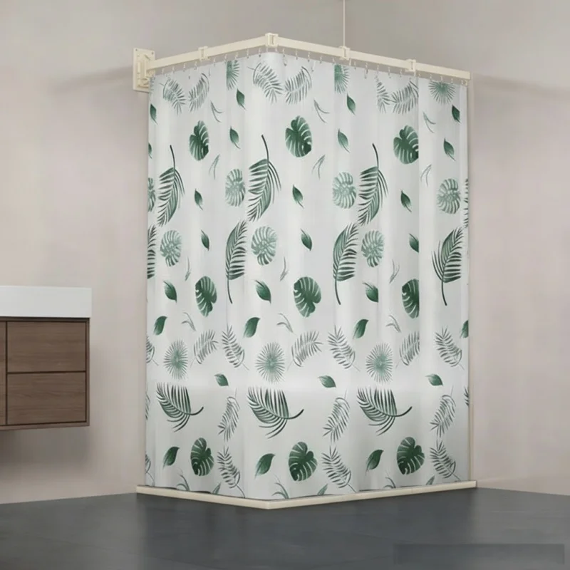 Green Leaf Folding Rod Shower Curtain Set Invisible Shower Partition Bathroom Waterproof Retractable Dry-wet Separation