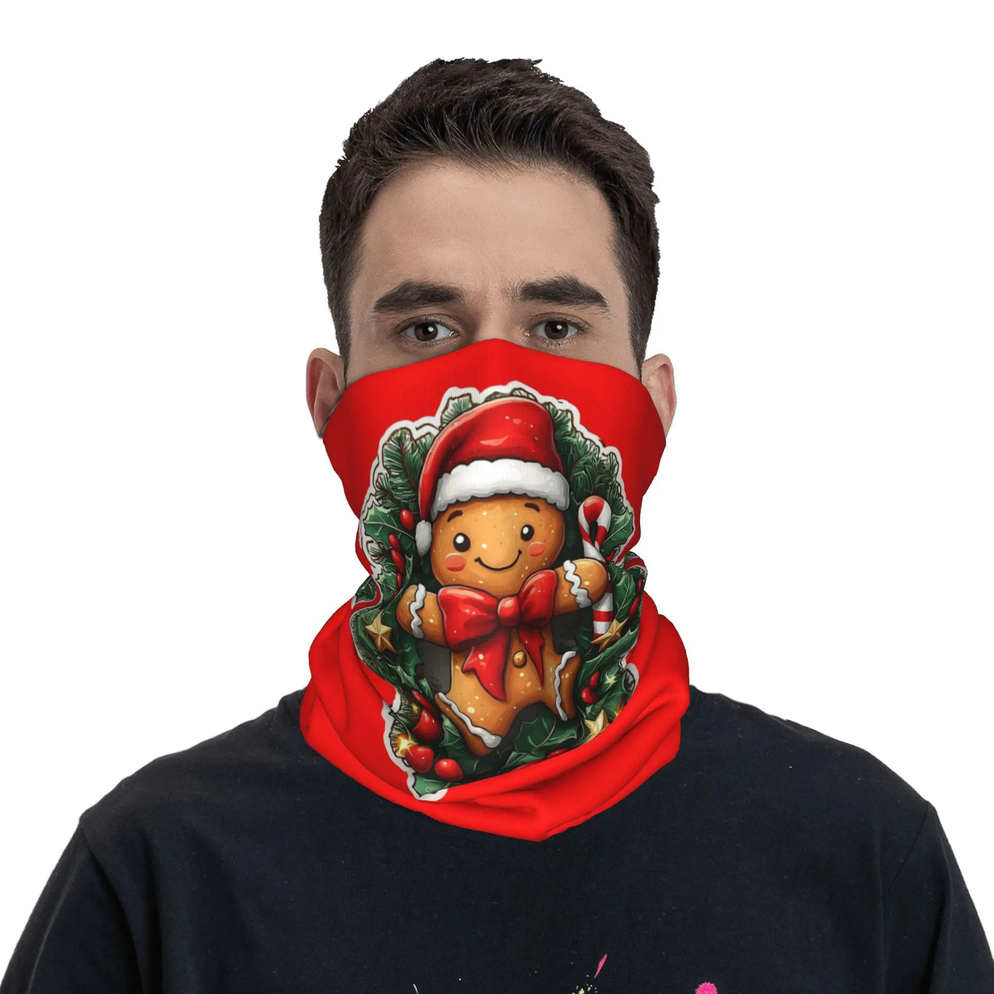 

Gingerbread Joy Wreath Bandana Neck Gaiter Printed Wrap Scarf Multi-use Face Mask Cycling Unisex Adult Washable