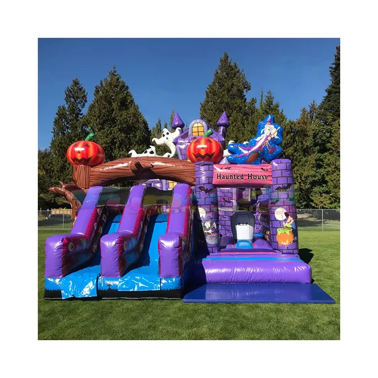 Commercial Grade Juogos Inflables Bouncy Castle Inflatable Halloween Haunted  Bounce House with Double Side Slide