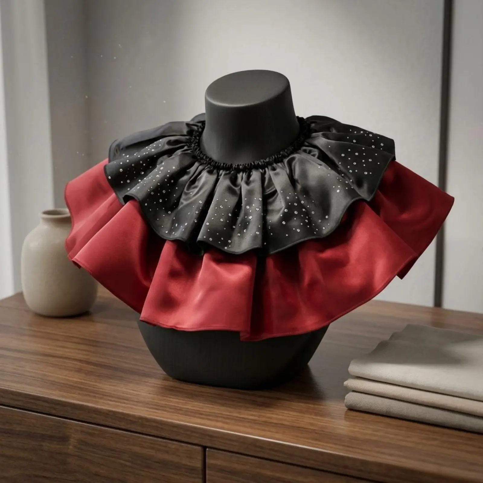 Black and Red Ruffle Collar Double Layer Satin Costume Collar Rhinestone Neck Ruffle Ruffled Fashion Accessory Stage Wear