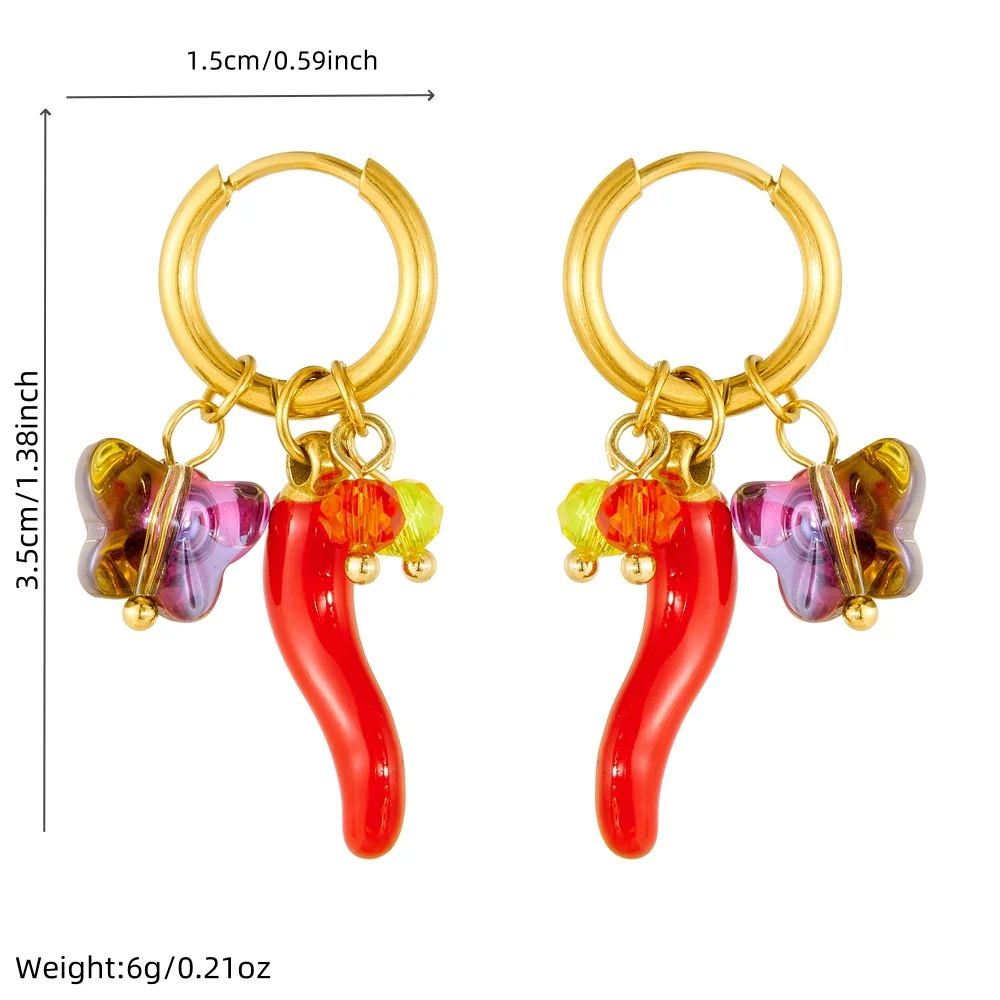 MEYRROYU 316L Stainless Steel Colored Crystal Butterfly Red Pepper Pendant Earrings Lady New Fashion Ear Studs Jewelry Gift ﻿