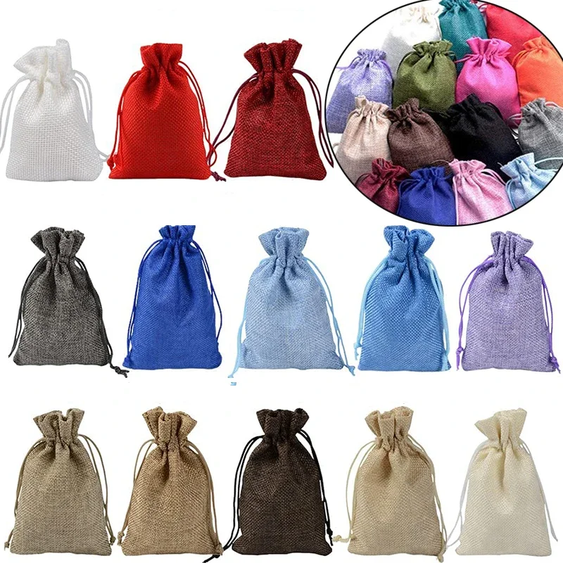 10/5Pcs Jute Drawstring Natural Burlap Bag Jute Gift Bags Multi Size Jewelry Packaging Wedding Diy Burlap Bags Customizable Logo