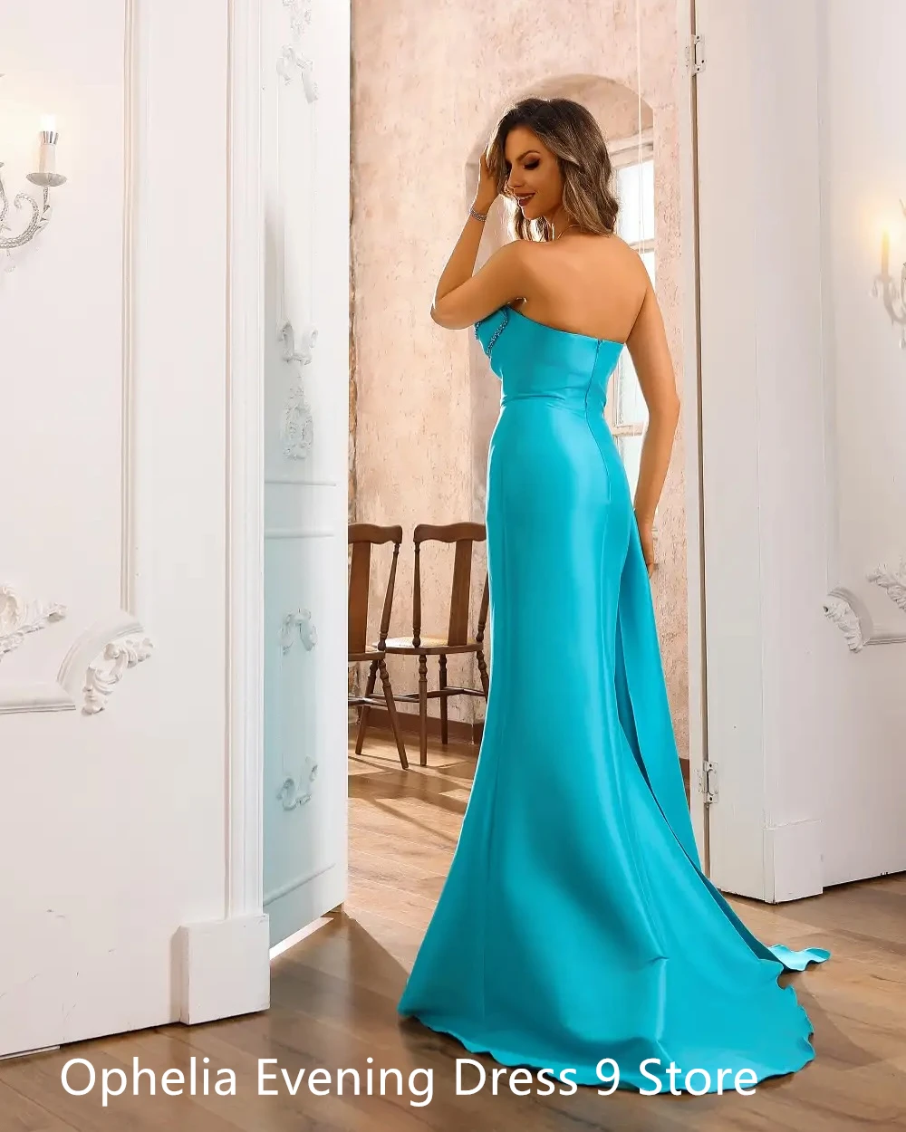 Customized  Temperament Blue Satin Evening Dress Exquisite Strapless Sleeveless Flowers Side Slit Bespoke Occasion Gown