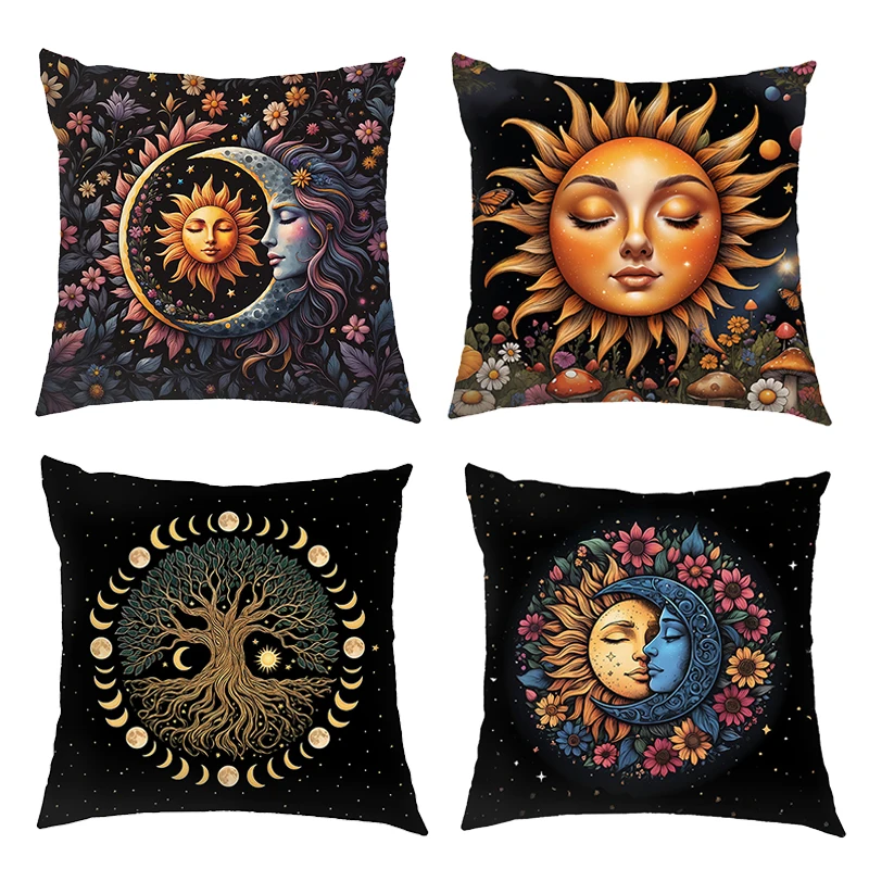 Juste de coussin à imprimé Boho, soleil et lune, tournesol psychédélique, taie d'oreiller, décoration pour la maison, le canapé, le lit, la voiture, le bureau