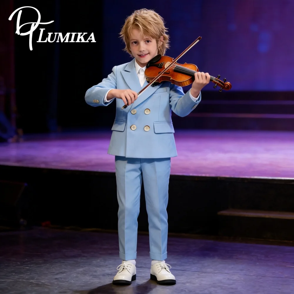 Smooth Tailored Weave Toddler Suit Set Jacket Pants Tie Kids Elegant Stage Tuxedo Young Musician Waist Adjustable 3-14 Yrs Suits