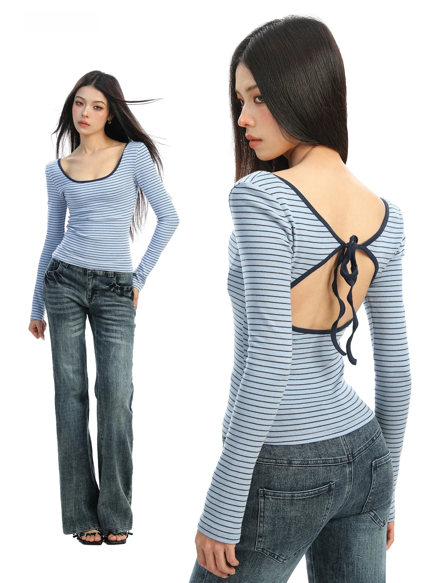 

Sexy Striped Color Blo Bal Long Sve T-irt Women's Slim Fit Base Layer Top Korean Sle Spring Autumn Biggold