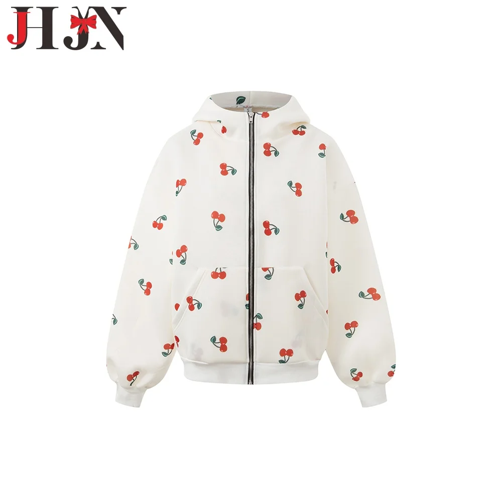 JHJN Trendy Women Hoodies Loose Casual Zipper Cardigan Cherry Fruit Print Sweatshirt Sweet Girl Outerwear White Hooded Coat