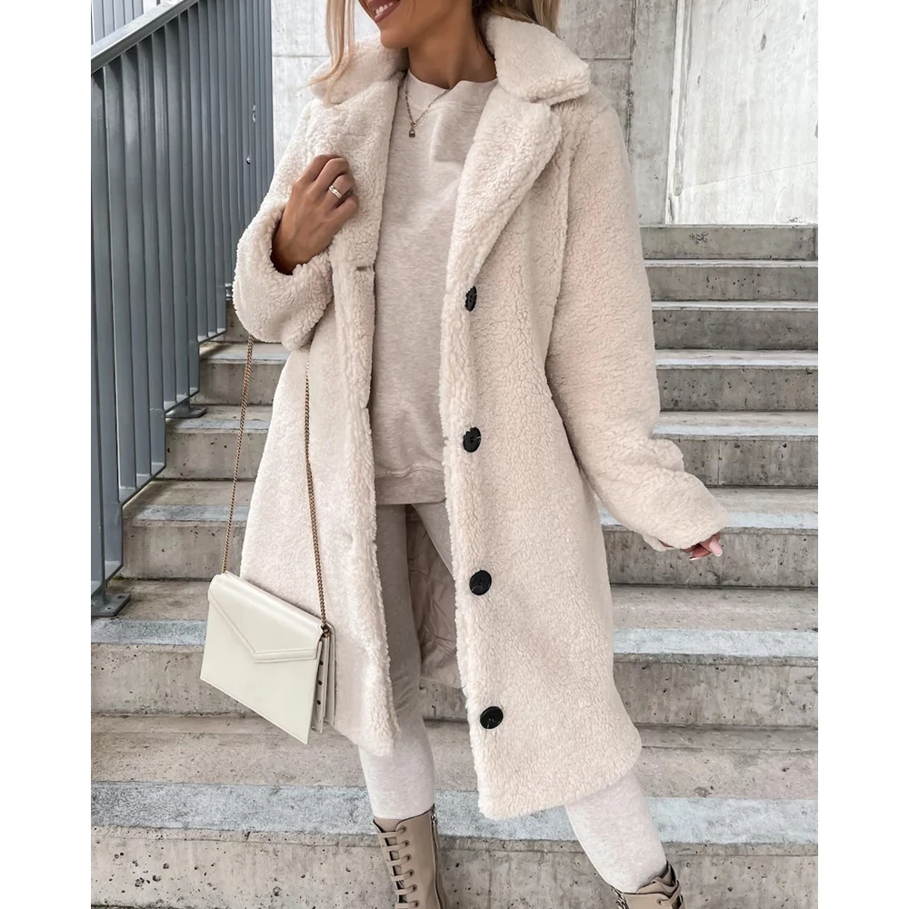 

Casual Femme Winter Solid Color Teddy Fuzzy Coat Nothched Single Breasted Fluffy Topcoat Outwear Women Fashion traf Streetwear