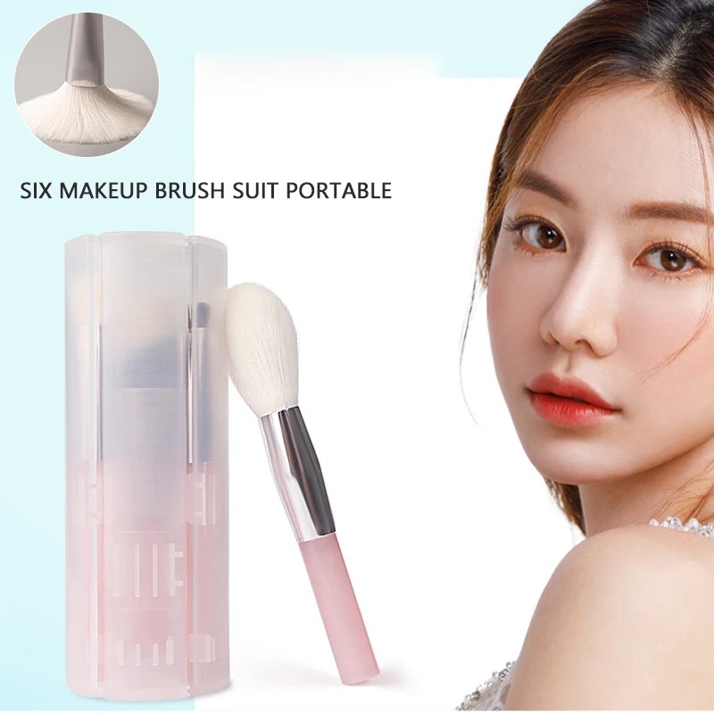 ポータブルメイクブラシセット,収納バケツ,ミニトラベルメイクツール,ソフトパウダーブラシ,アイシャドウとリップカラー,6個