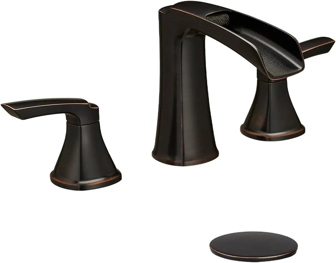 

3 Hole Widespread Bathroom Faucet 8 Inch Waterfall Double Handle Sink Faucet with Pop Up Drain Oil Rubbed Bronze