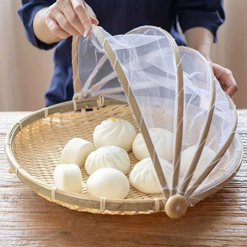 Bamboo Woven Baskets Anti-Mosquito Nets Fruit Vegetable Basket Dustpan Tent Basket Tray Portable Picnic Mesh Net Covers