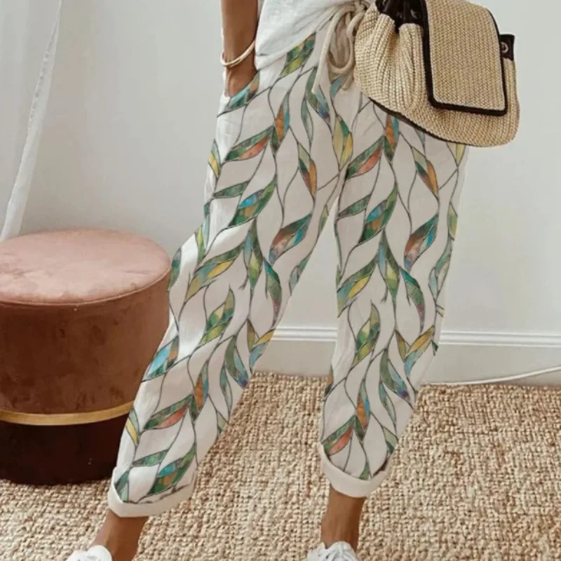 Women\'s Summer Pants Straight Trousers Summer Fashion Printing Pocket Lace Up Casual Elastic Waist Jogger Pants Female Clothes