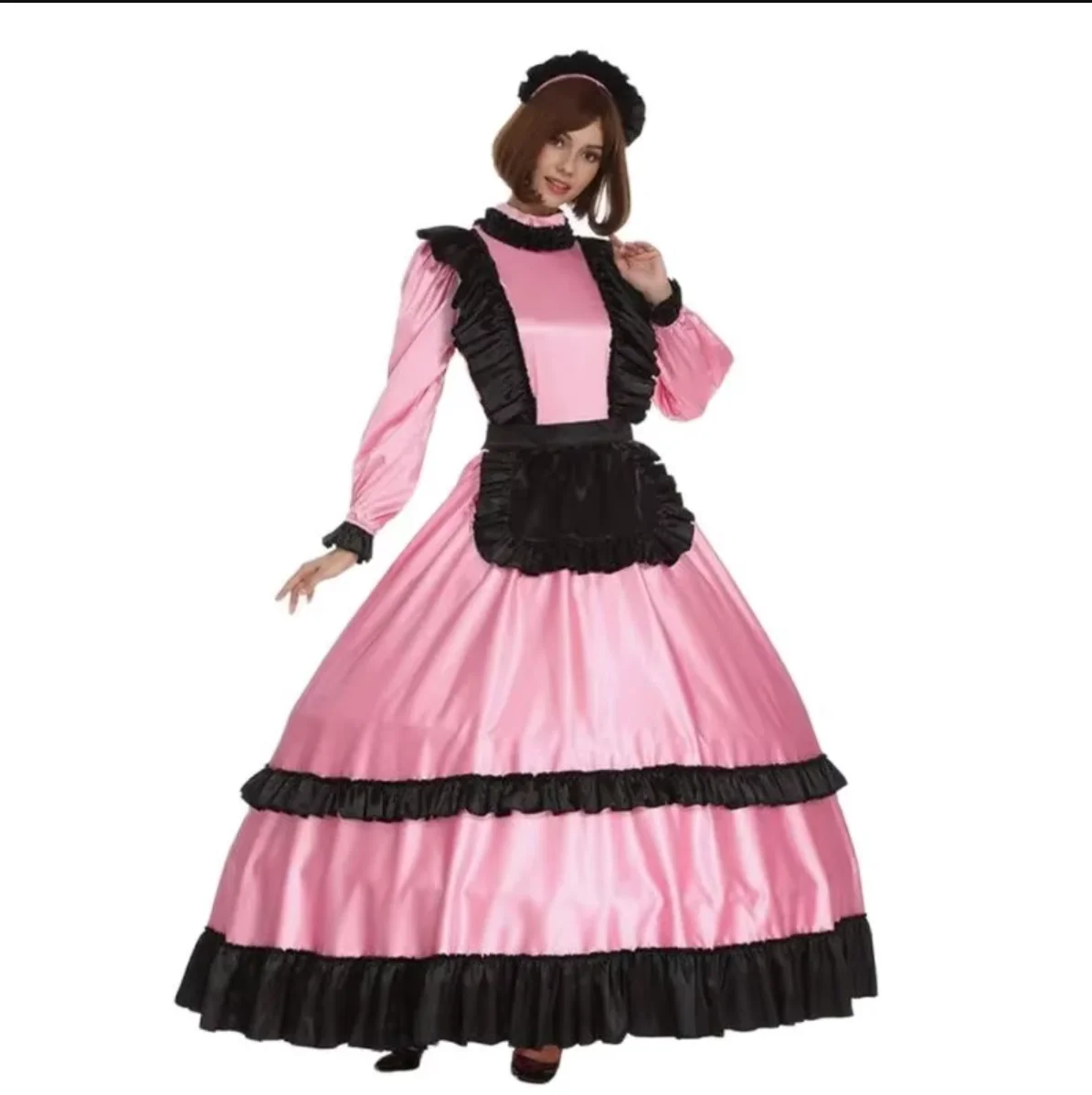 

French Sexy Adult Custom Fetishist Cross Dressing Sissy Long Sleeved Lace Lock Back Bow Tie Long Dress